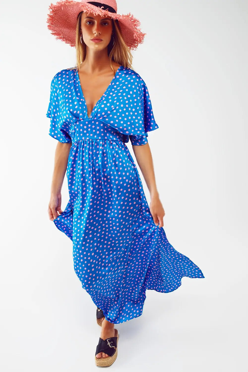 Maxi Cinched At The Waist Dress With Angel Sleeves In Blue Polka Dot –  MELISSA JEAN