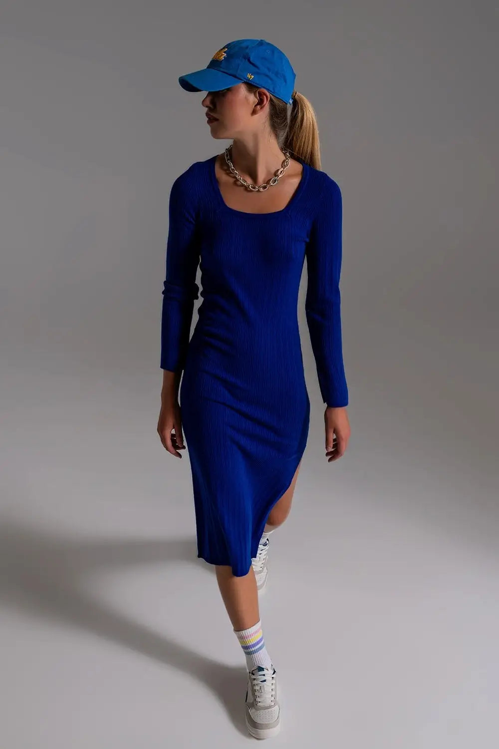 Midi Knit Dress With Square Neckline in Blue Large / Blue
