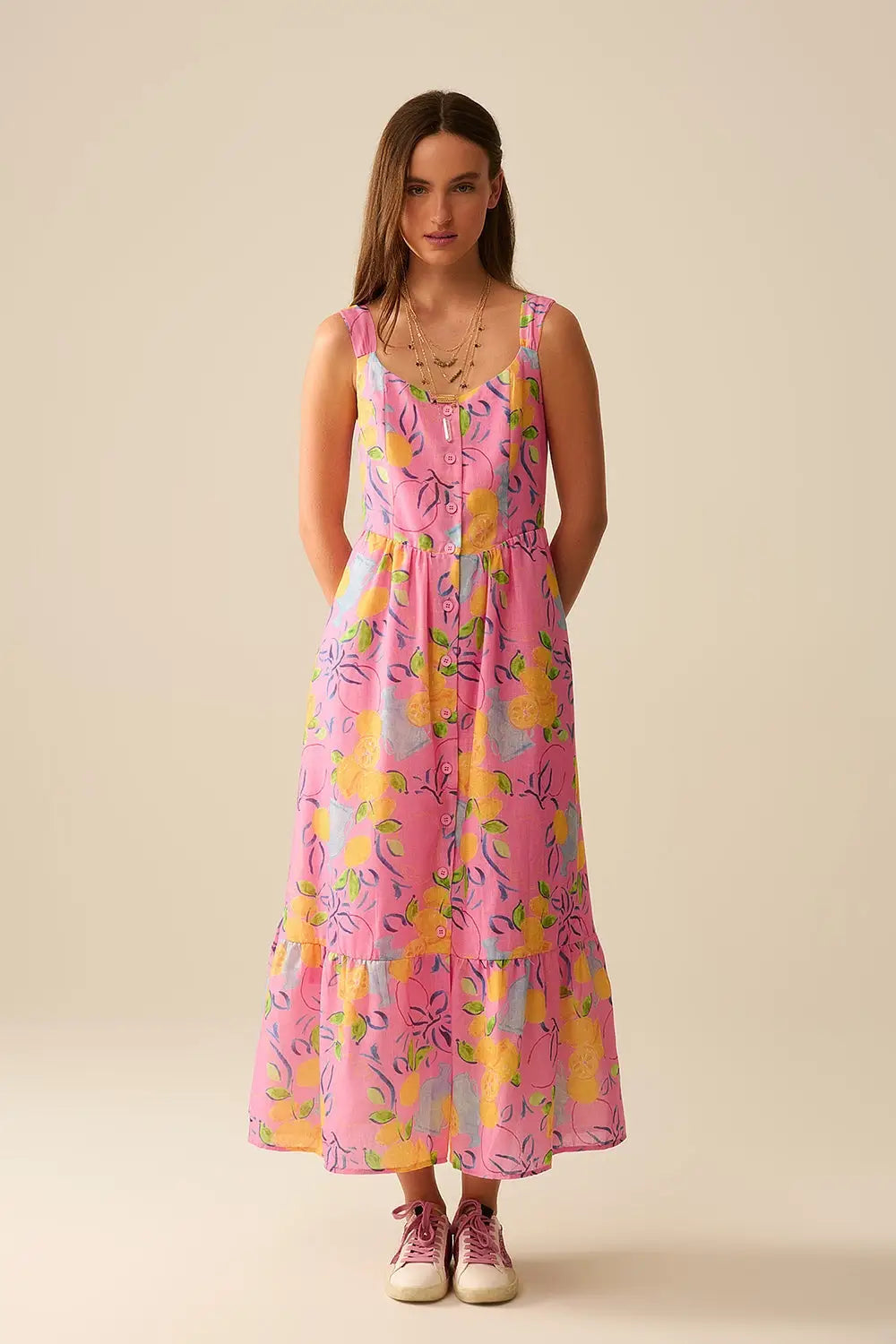 Pink Sleeveless Maxi Dress with Lemon Print Large / Pink Pink Sleeveless Maxi Dress with Lemon Print Large / Pink