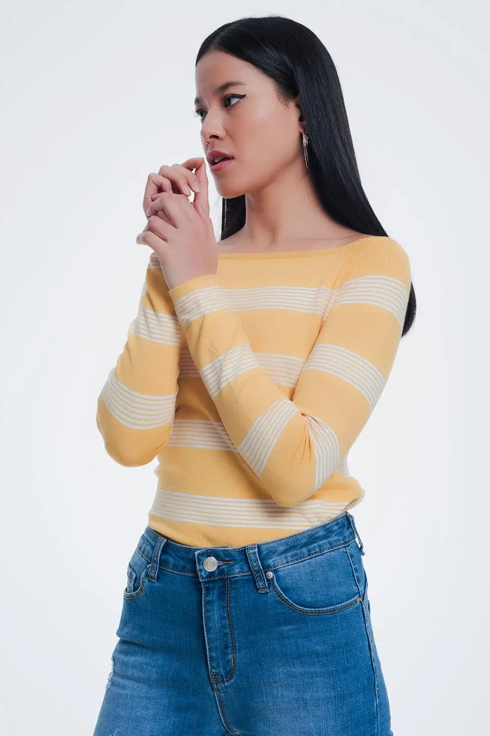 yellow striped sweater with boat neck - Main Image