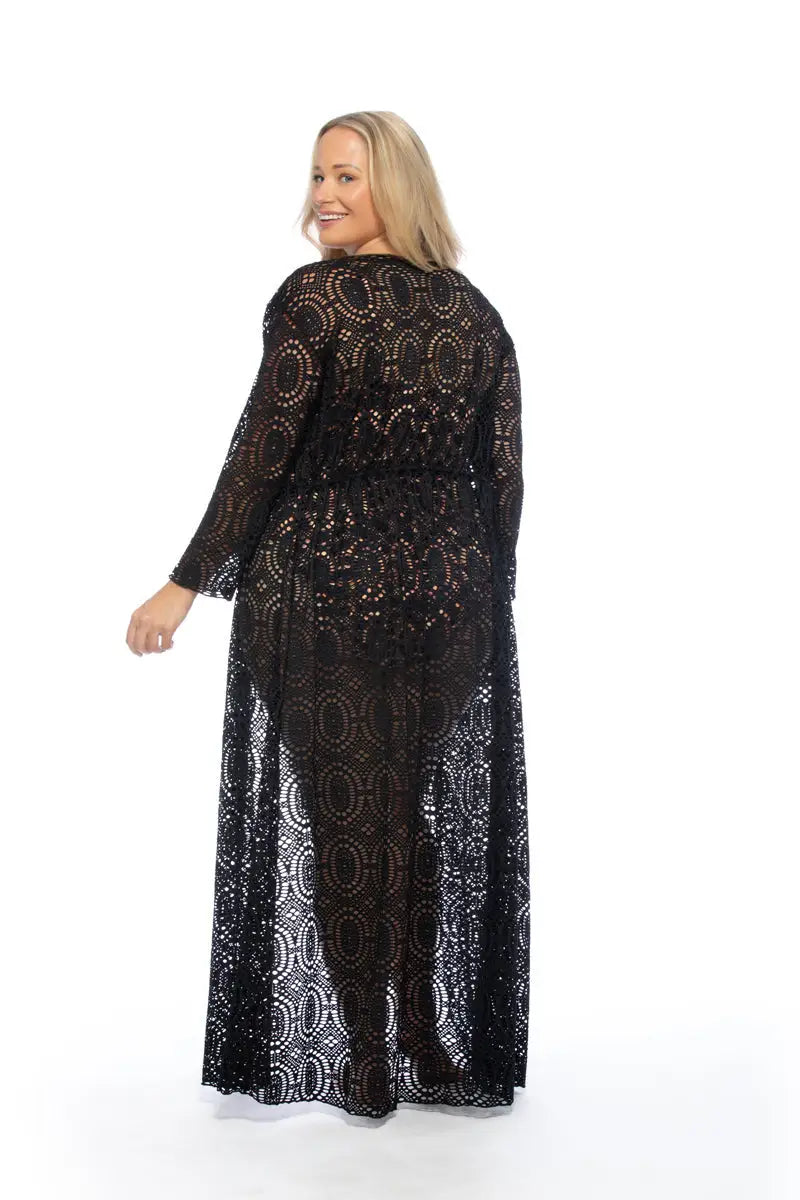 CROCHET FABRIC SOLID BLACK LONG SLEEVE KIMONO COVERUP - Cover Ups