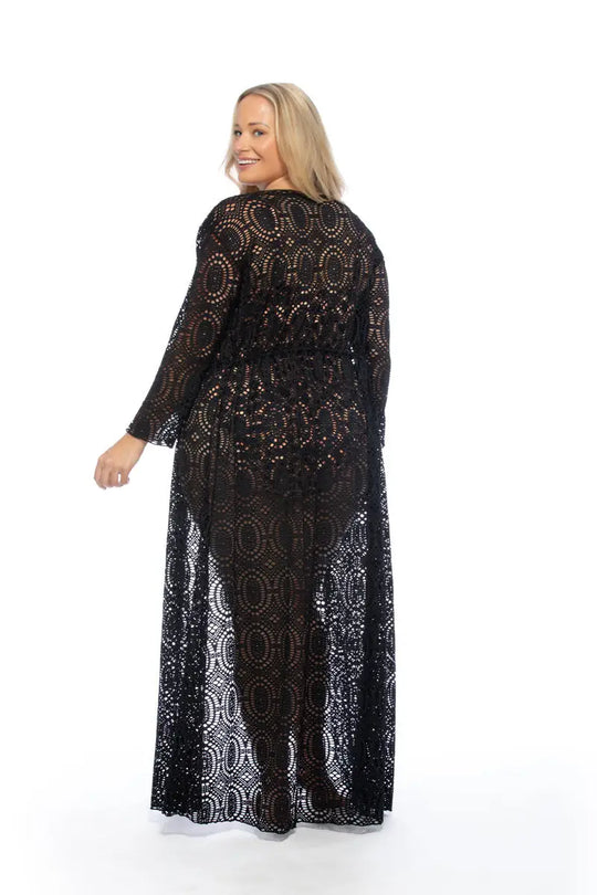 CROCHET FABRIC SOLID BLACK LONG SLEEVE KIMONO COVERUP - Cover Ups