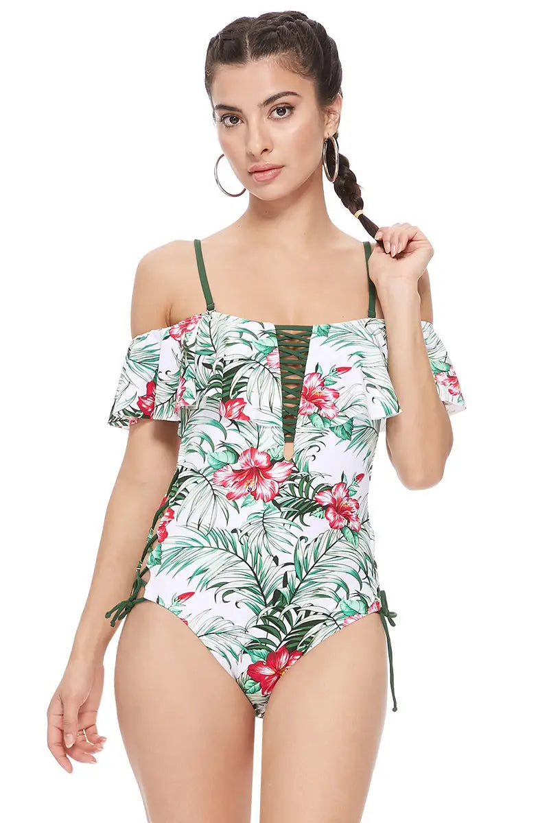 TROPICAL OFF THE SHOULDER ONE PIECE - M - One Piece