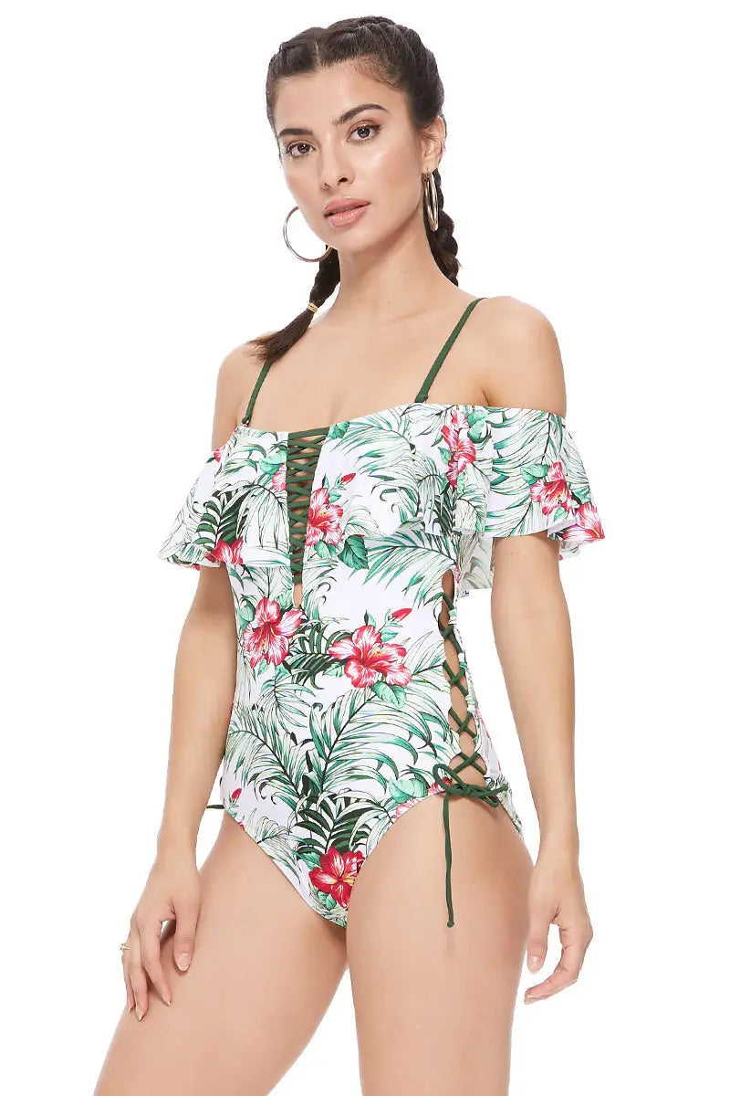 TROPICAL OFF THE SHOULDER ONE PIECE - S - One Piece