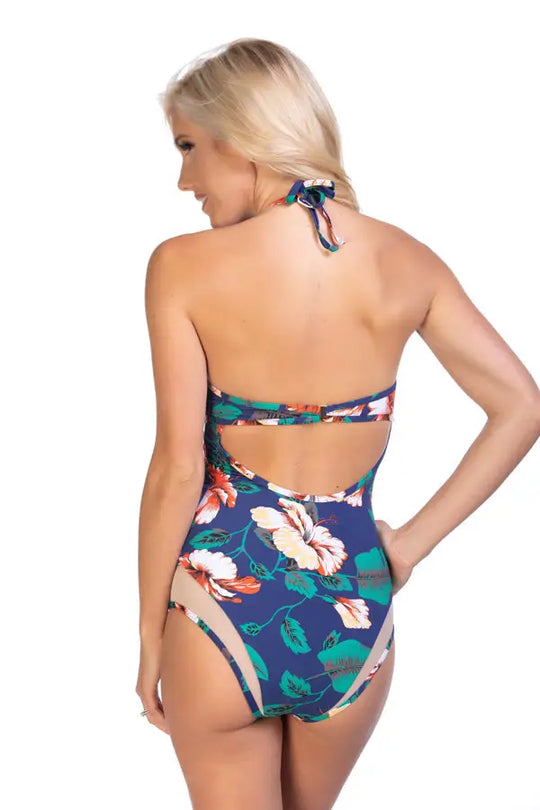 NAVY FLORAL MESH INSERTS ONE PIECE SWIMSUIT - One Piece