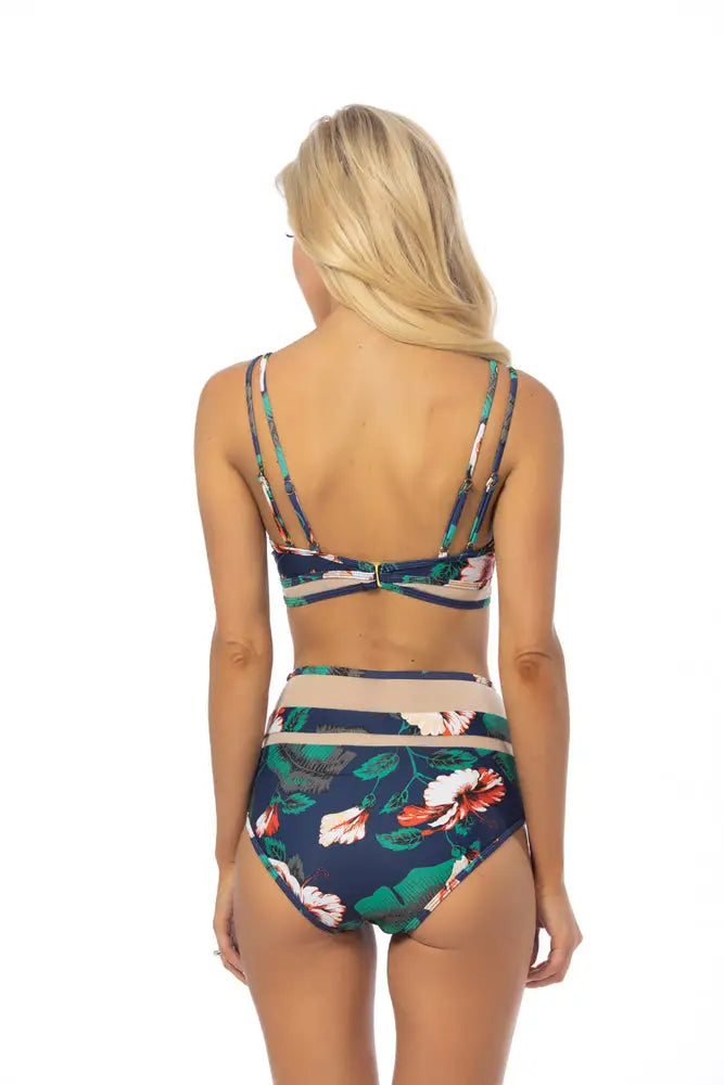 NAVY FLORAL MESH INSERTS HIGH WAIST BIKINI SET - Bikini