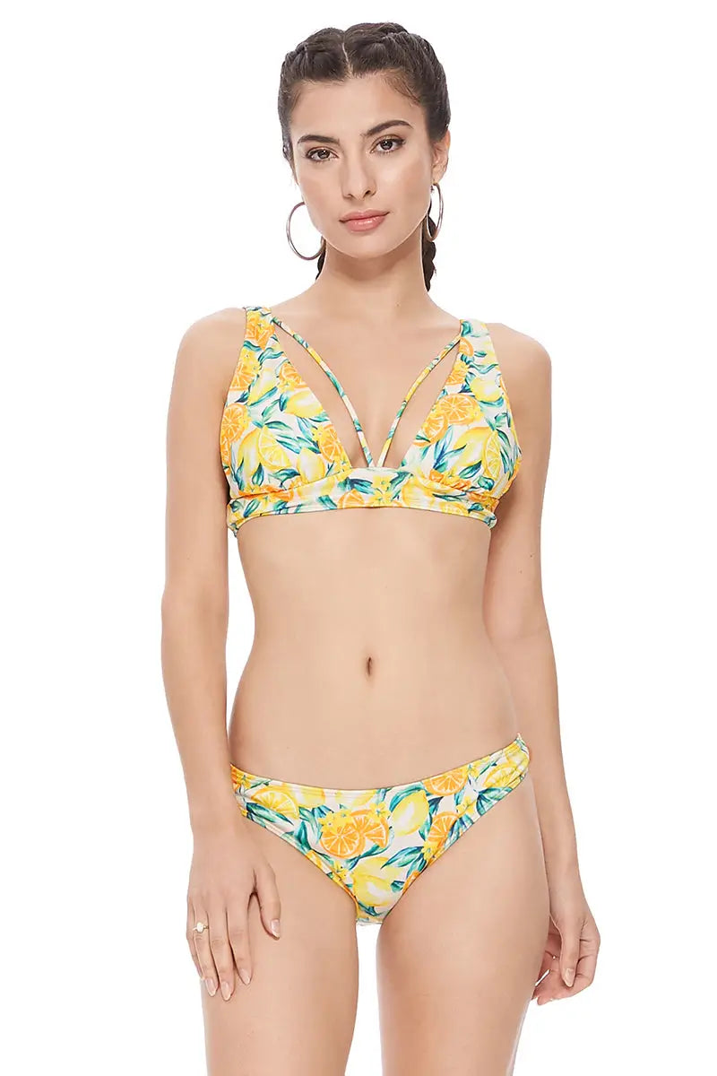 TEXTURED LEMON PRINT STRING DETAIL HALTER BIKINI SET - S - Bikini