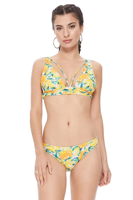 TEXTURED LEMON PRINT STRING DETAIL HALTER BIKINI SET - S - Bikini
