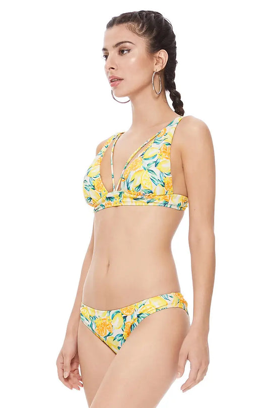 TEXTURED LEMON PRINT STRING DETAIL HALTER BIKINI SET - Bikini