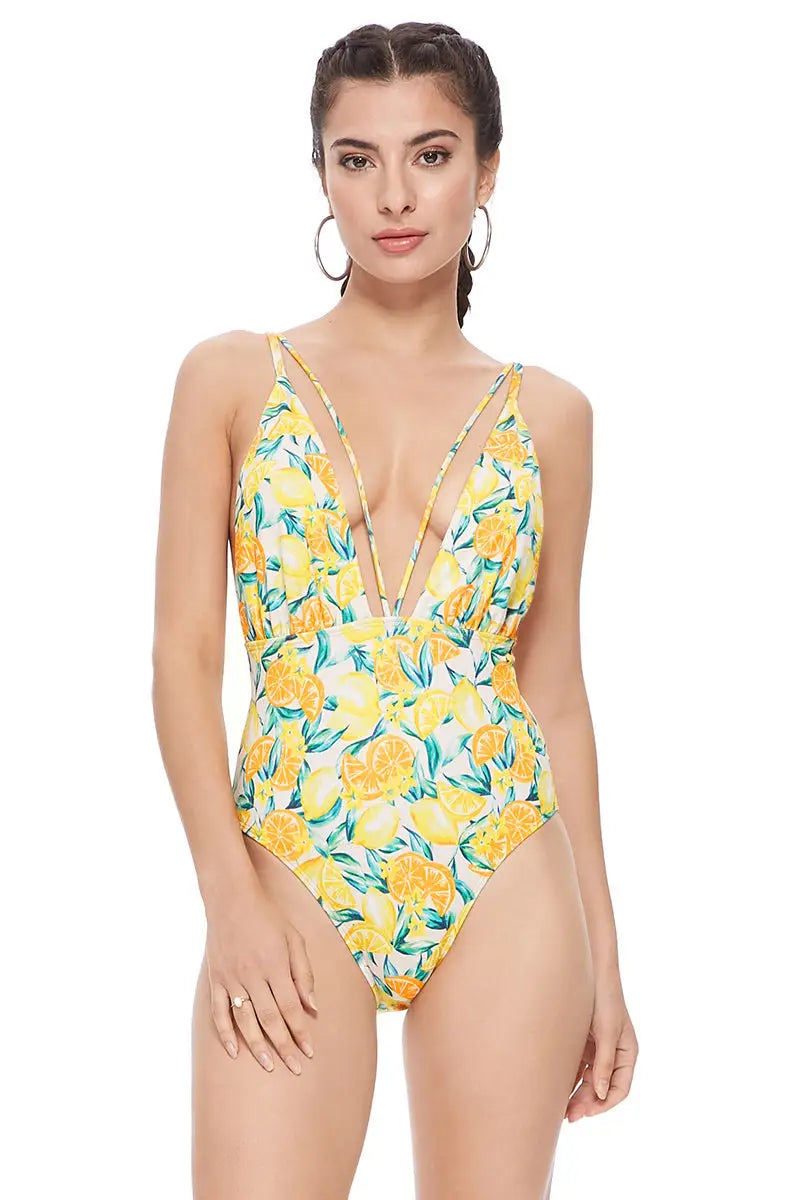 TEXTURED LEMON PRINT V FRONT MESH INSERTS ONE PIECE SWIMSUIT - S - One Piece