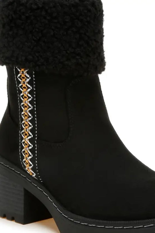 Woolly Faux Fur & Embroidery Detail Boots - Shoes