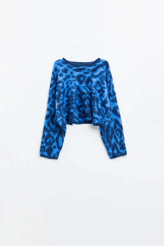 Blue Leopard print sweater made of knitted fabric with wool - BLUE / ONE - Sweaters