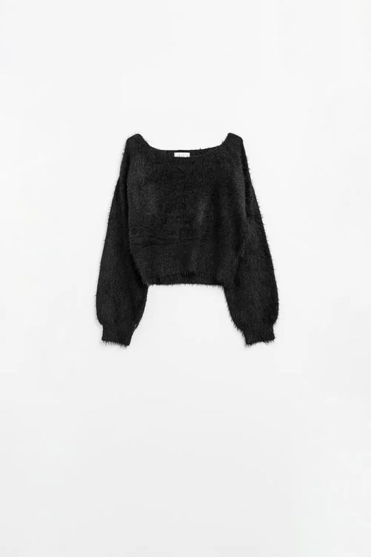 cropped fluffy sweater in black fitted at the waist - BLACK / ONE - Sweaters