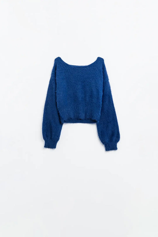 cropped fluffy sweater in navy blue fitted at the waist - BLUE / ONE - Sweaters