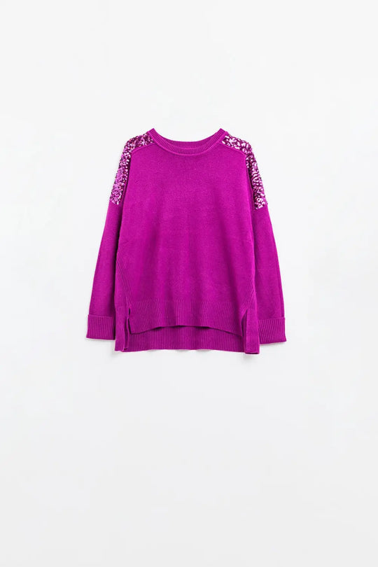 fuchsia Long Sleeves Sweater With Sequins on The Shoulders - FUCHSIA / ONE - Sweaters