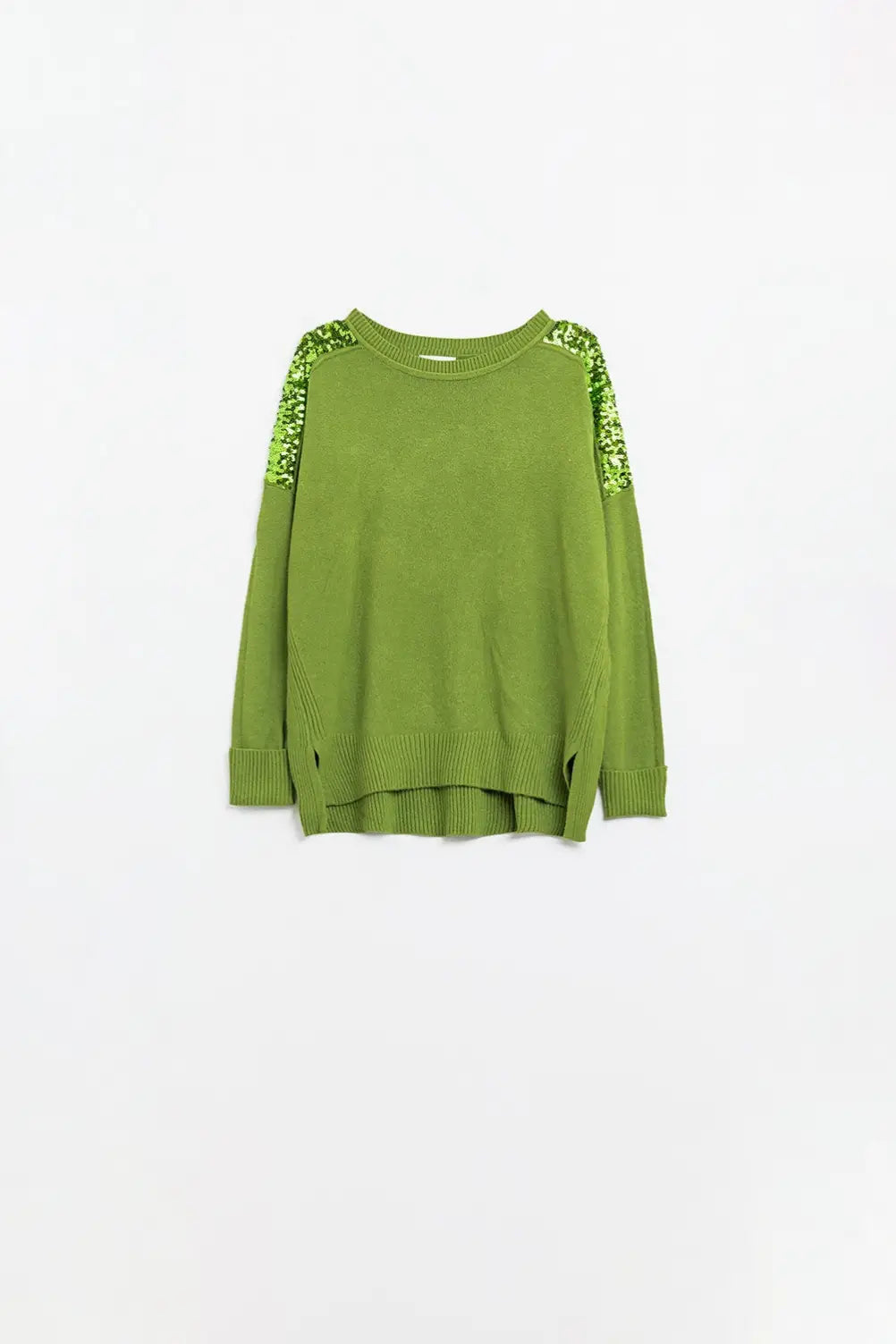 Green Long Sleeves Sweater With Sequins on The Shoulders - GREEN / ONE - Sweaters