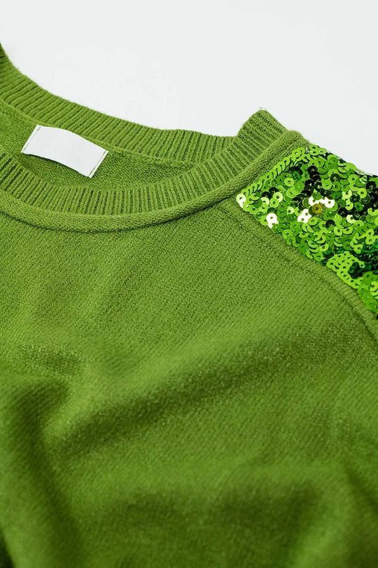 Green Long Sleeves Sweater With Sequins on The Shoulders - GREEN / ONE - Sweaters