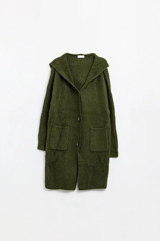 Long Ribbed Cardigan With Pockets and Hood in Khaki - KHAKI / ONE - Cardigans