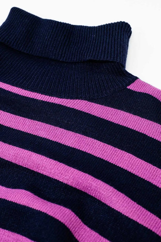 Navy oversized trutleneck sweater with fuchsia stripes and splits on the side - NAVY / ONE - Sweaters