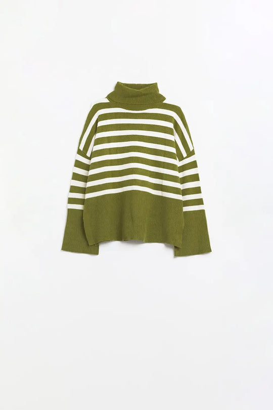 Green oversized trutleneck sweater with white stripes and splits on the side - GREEN / ONE - Sweaters