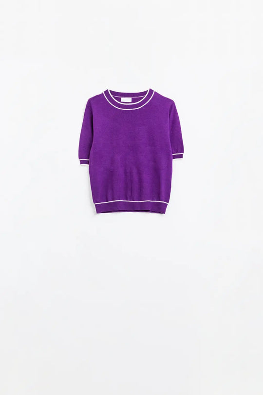 Purple short sleeve sweater with white line detail - PURPLE / ONE - Sweaters