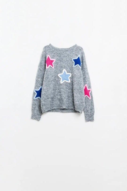 grey sweater With Embroidered Stars - GRAY / ONE - Sweaters