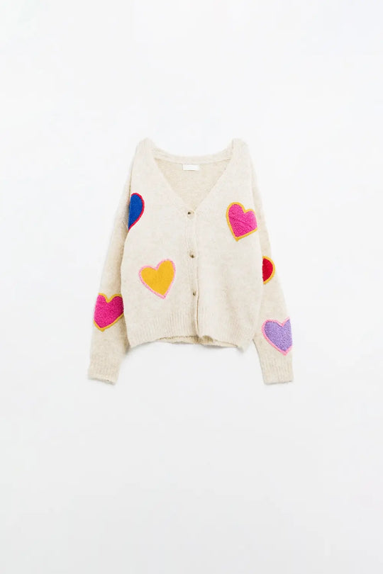 Beige knitted cardigan with embroidered hearts - BEIGE / ONE - Cardigans