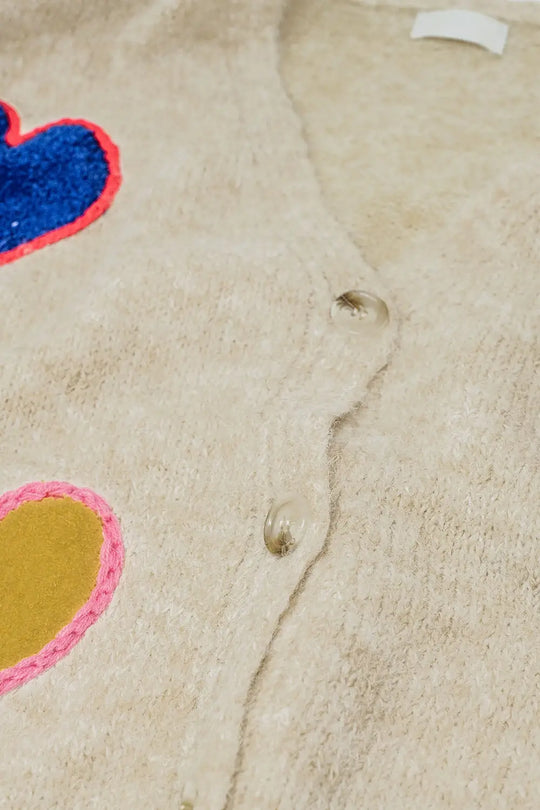 Beige knitted cardigan with embroidered hearts - BEIGE / ONE - Cardigans