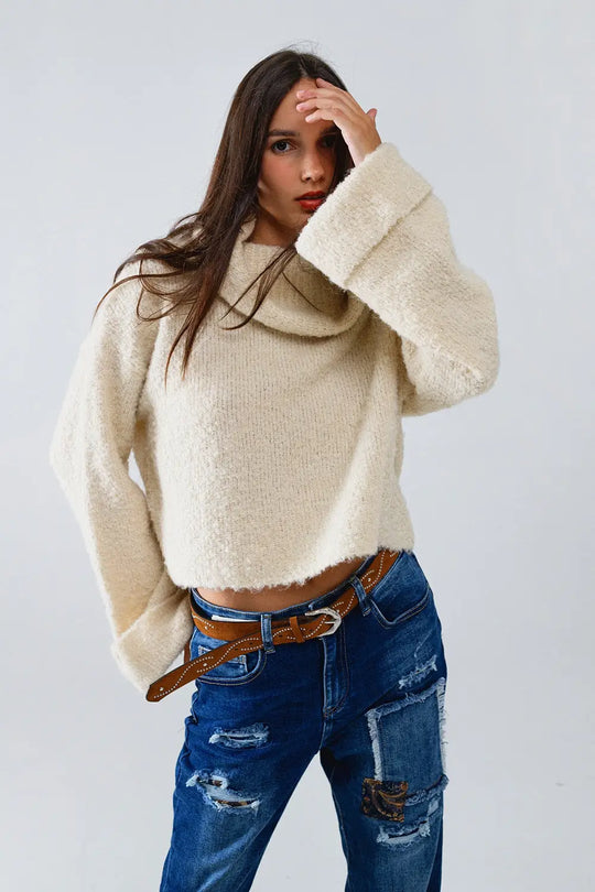 knitted fluffy high neck sweater in cream - CREAM / ONE - Sweaters