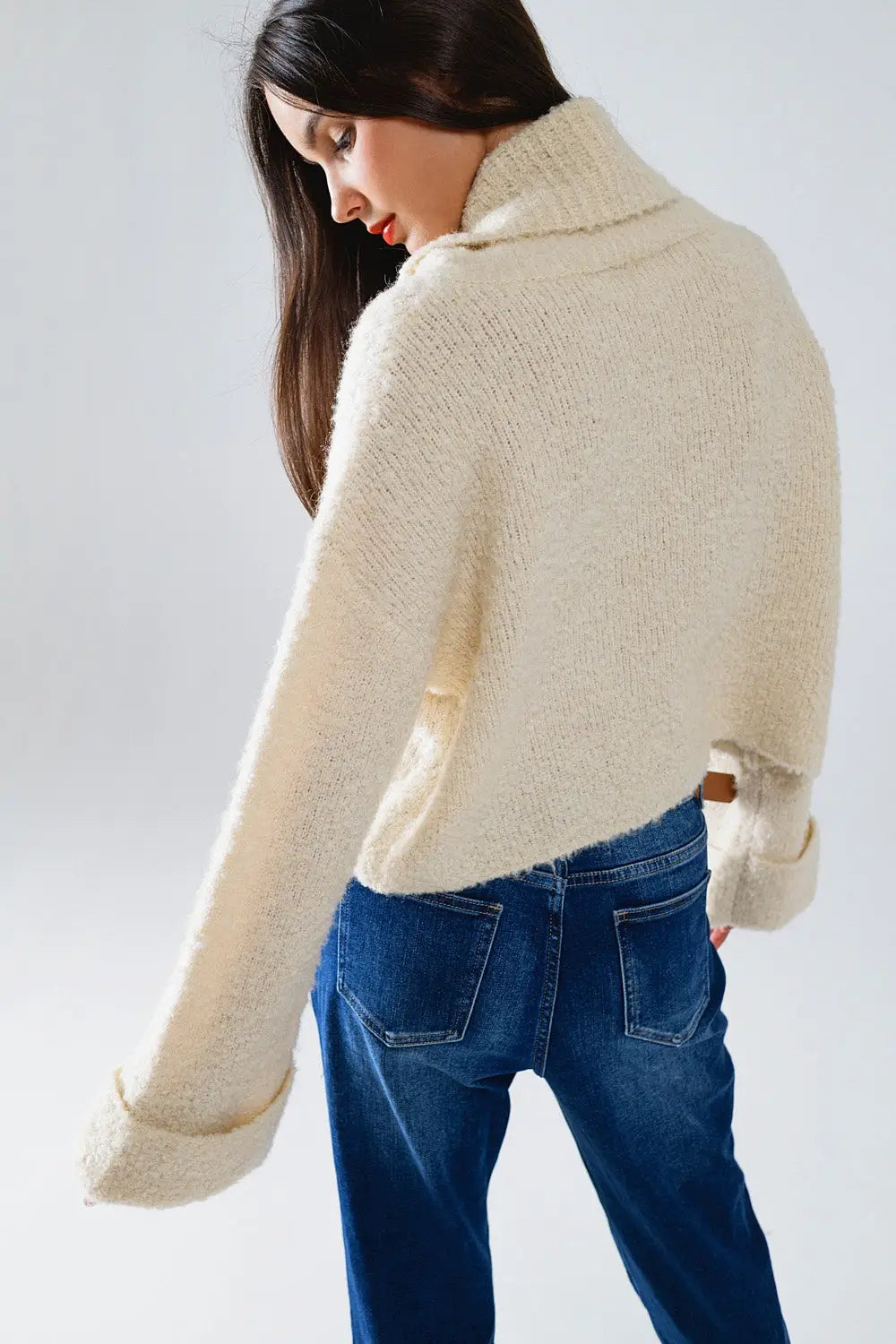 knitted fluffy high neck sweater in cream - CREAM / ONE - Sweaters