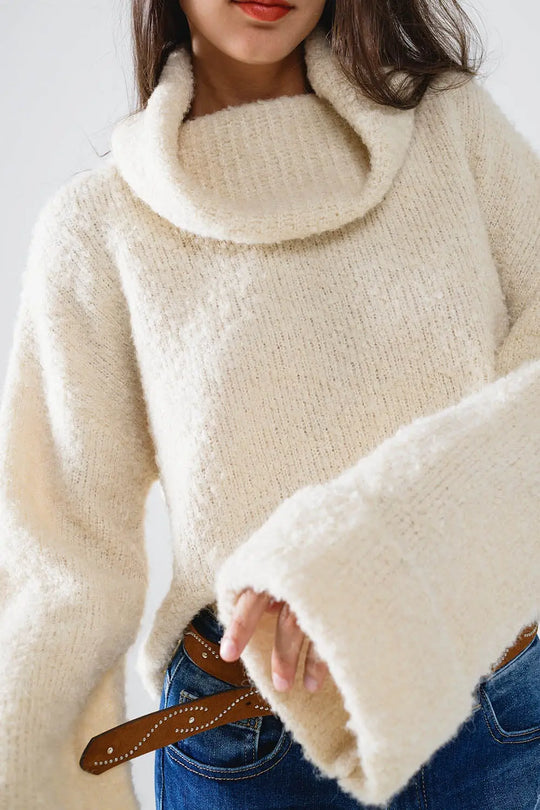 knitted fluffy high neck sweater in cream - CREAM / ONE - Sweaters