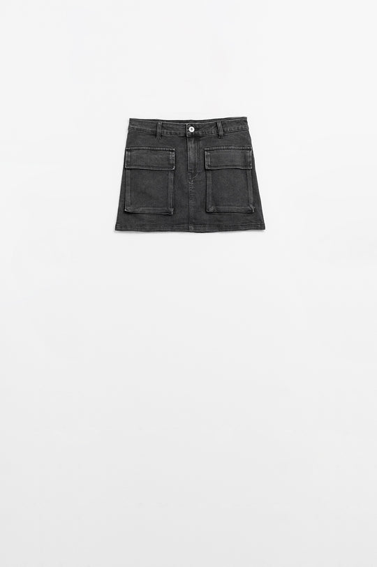 Black denim miniskirt with cargo pockets
