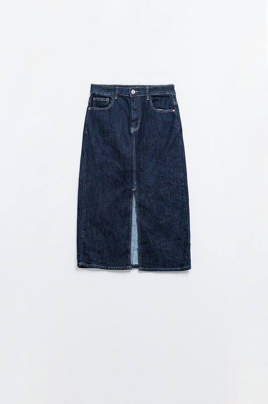 pencil denim skirt in dark wash