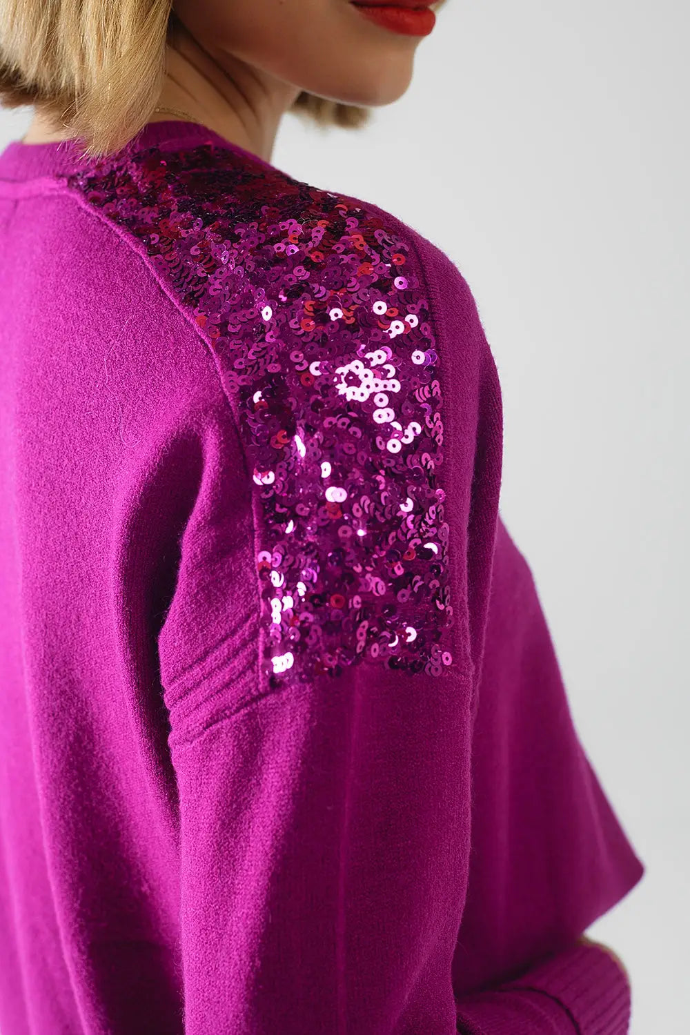 fuchsia Long Sleeves Sweater With Sequins on The Shoulders - FUCHSIA / ONE - Sweaters