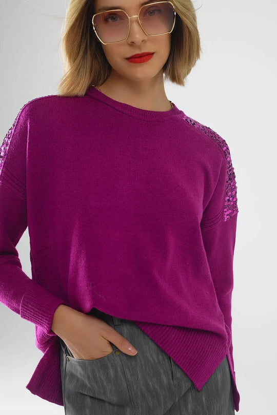 fuchsia Long Sleeves Sweater With Sequins on The Shoulders - FUCHSIA / ONE - Sweaters
