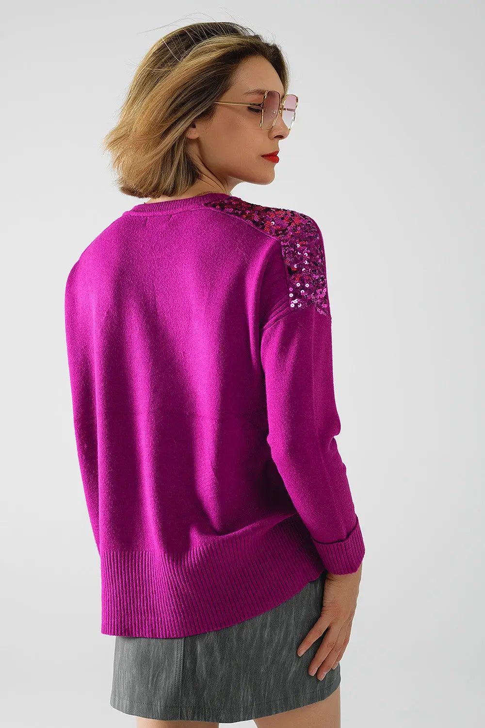 fuchsia Long Sleeves Sweater With Sequins on The Shoulders - FUCHSIA / ONE - Sweaters
