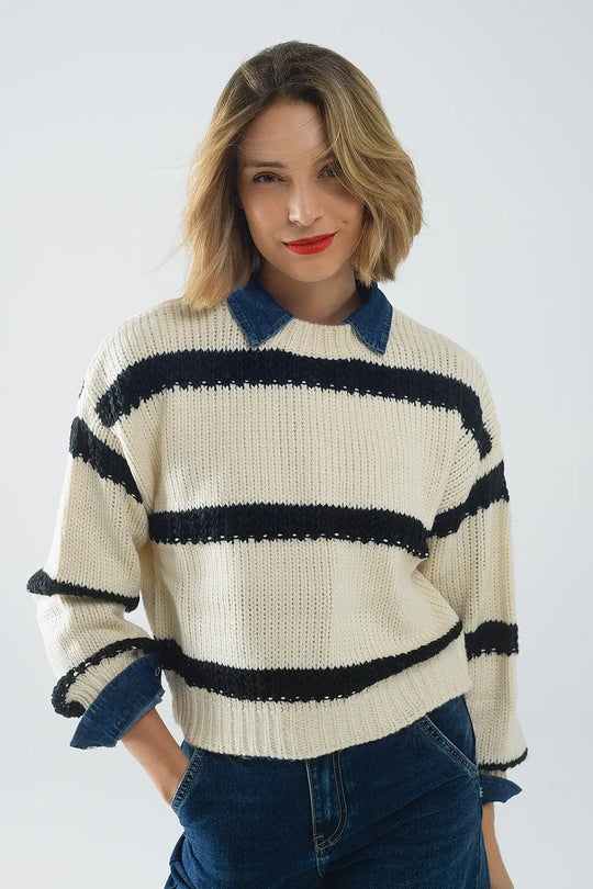 Relaxed beige jumper with black stripes - CREAM / ONE - Sweaters