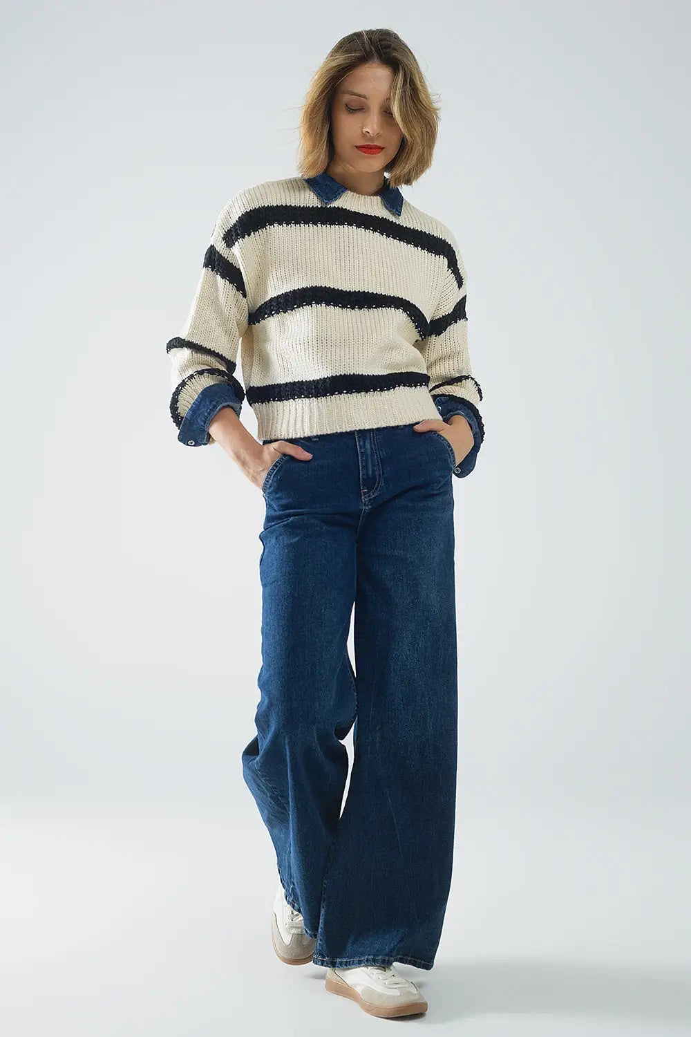 Relaxed beige jumper with black stripes - CREAM / ONE - Sweaters