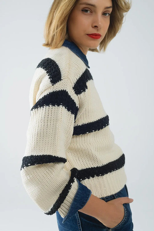 Relaxed beige jumper with black stripes - CREAM / ONE - Sweaters