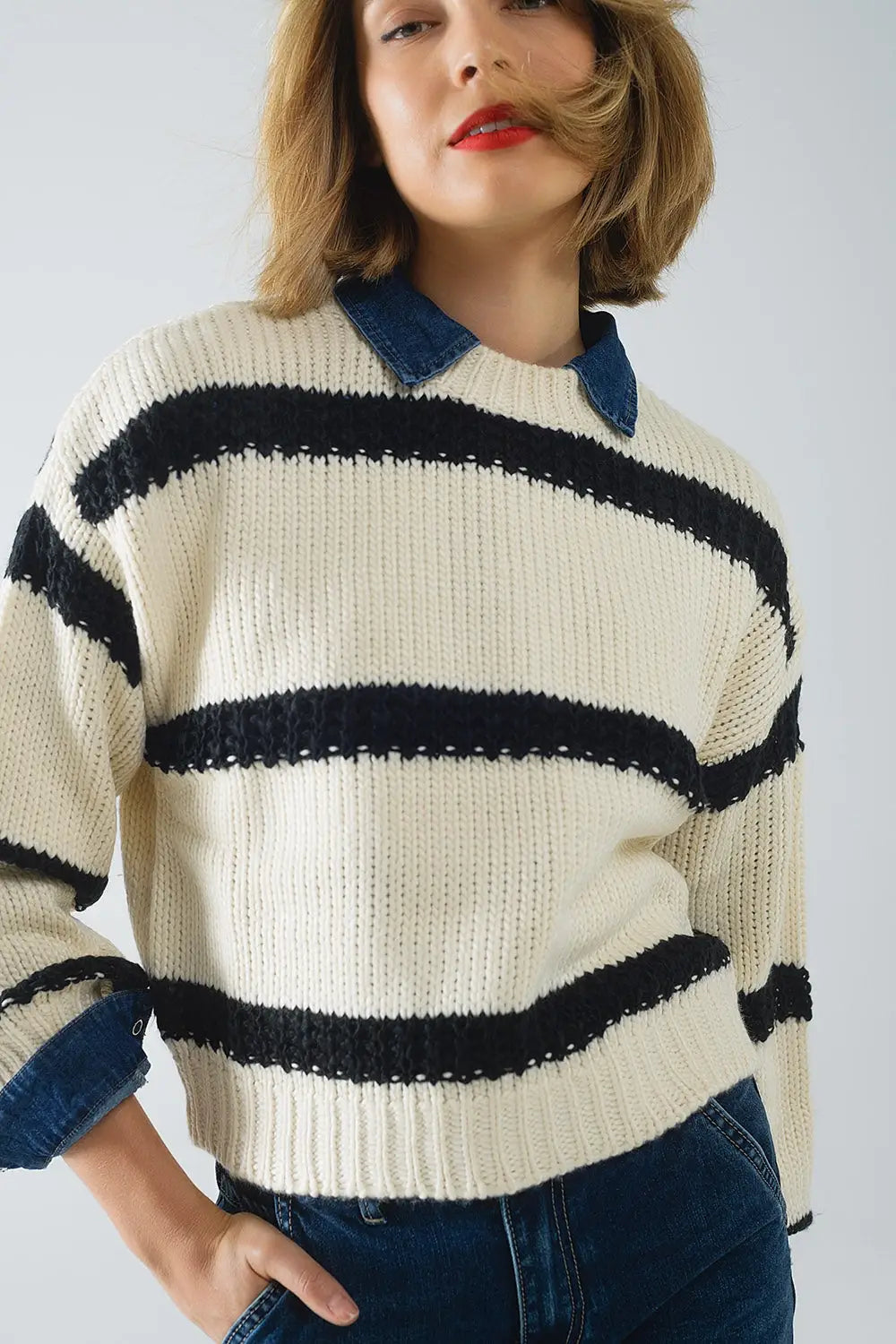 Relaxed beige jumper with black stripes - CREAM / ONE - Sweaters