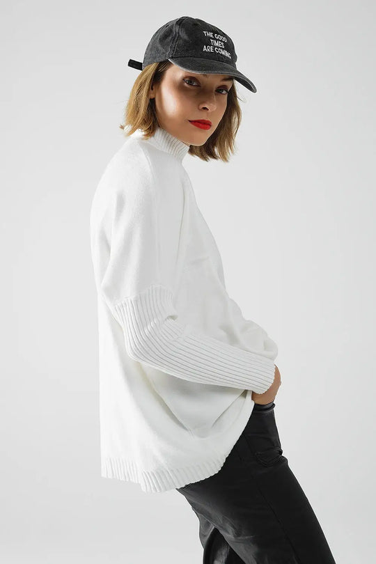 oversized soft knitted white sweater with ribbed sleeves - CREAM / ONE - Sweaters