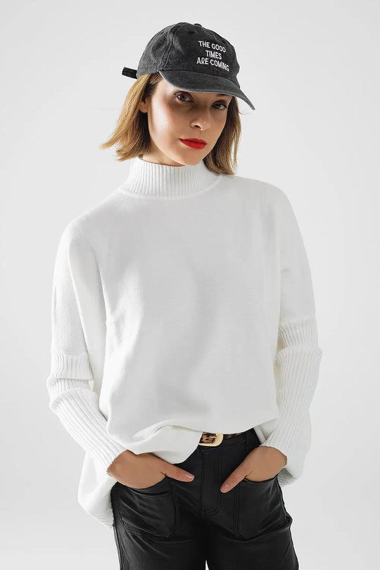 oversized soft knitted white sweater with ribbed sleeves - CREAM / ONE - Sweaters