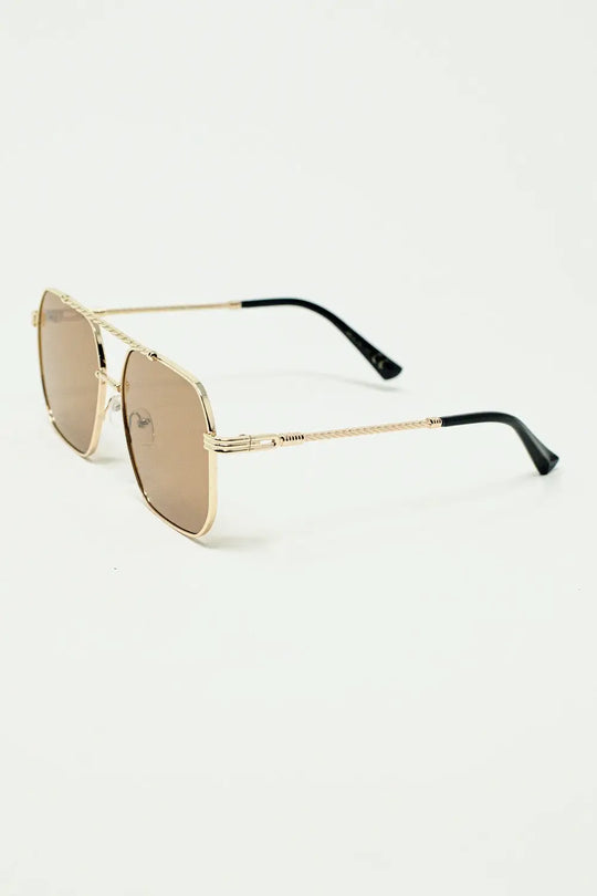 gold square frame sunglasses with brown lenses - GOLD / ONE - Sunglasses