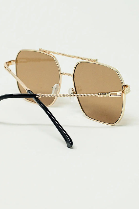 gold square frame sunglasses with brown lenses - GOLD / ONE - Sunglasses