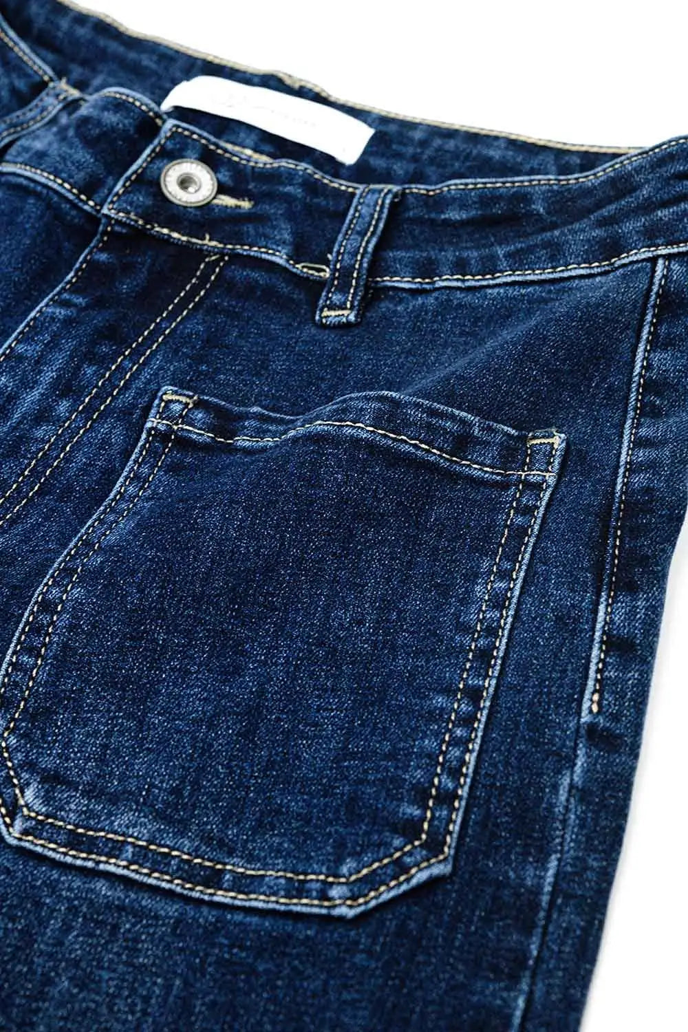 Dark wash jeans with wide leg and pockets