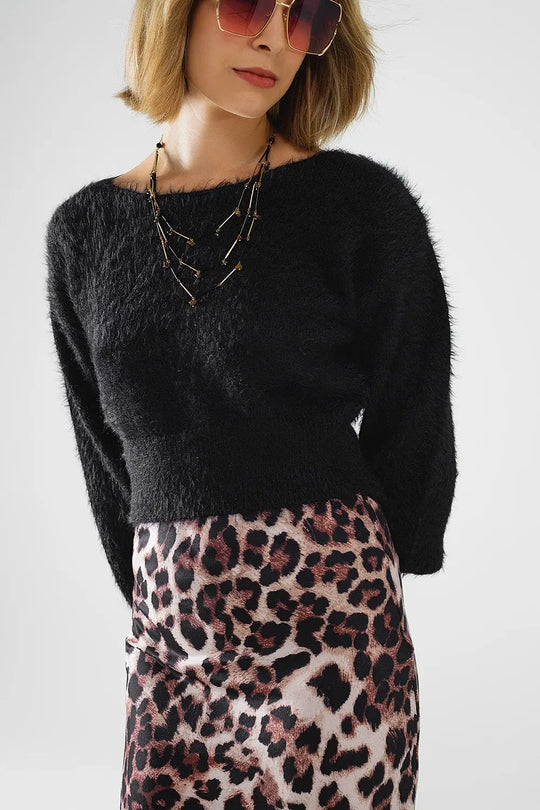 cropped fluffy sweater in black fitted at the waist - BLACK / ONE - Sweaters