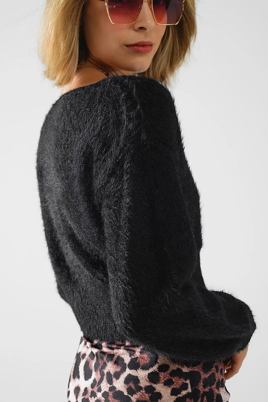 cropped fluffy sweater in black fitted at the waist - BLACK / ONE - Sweaters