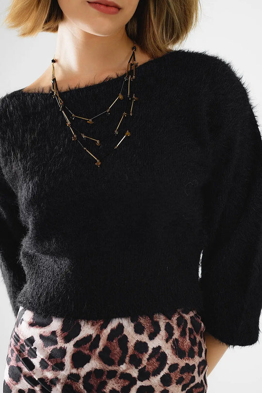 cropped fluffy sweater in black fitted at the waist - BLACK / ONE - Sweaters