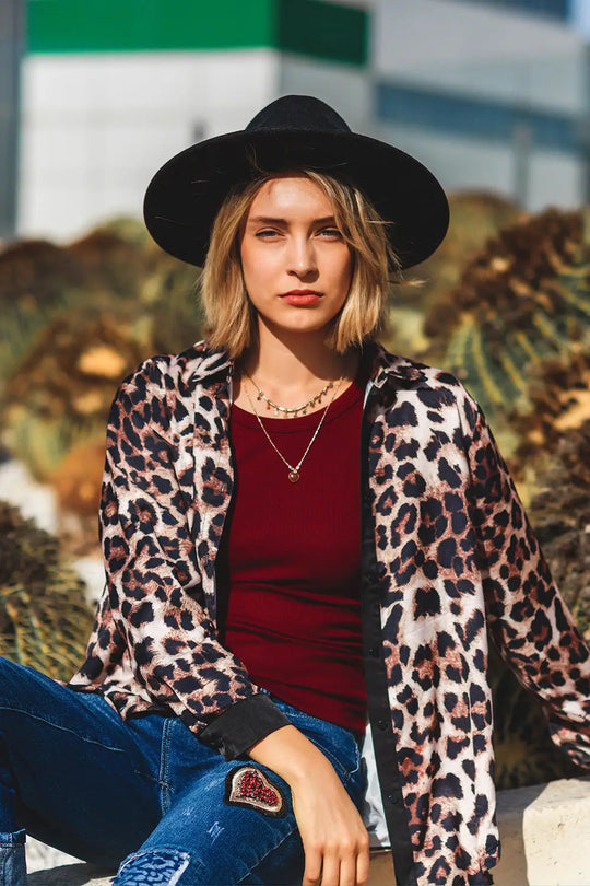 leopard shirt with black satin detail - Shirts