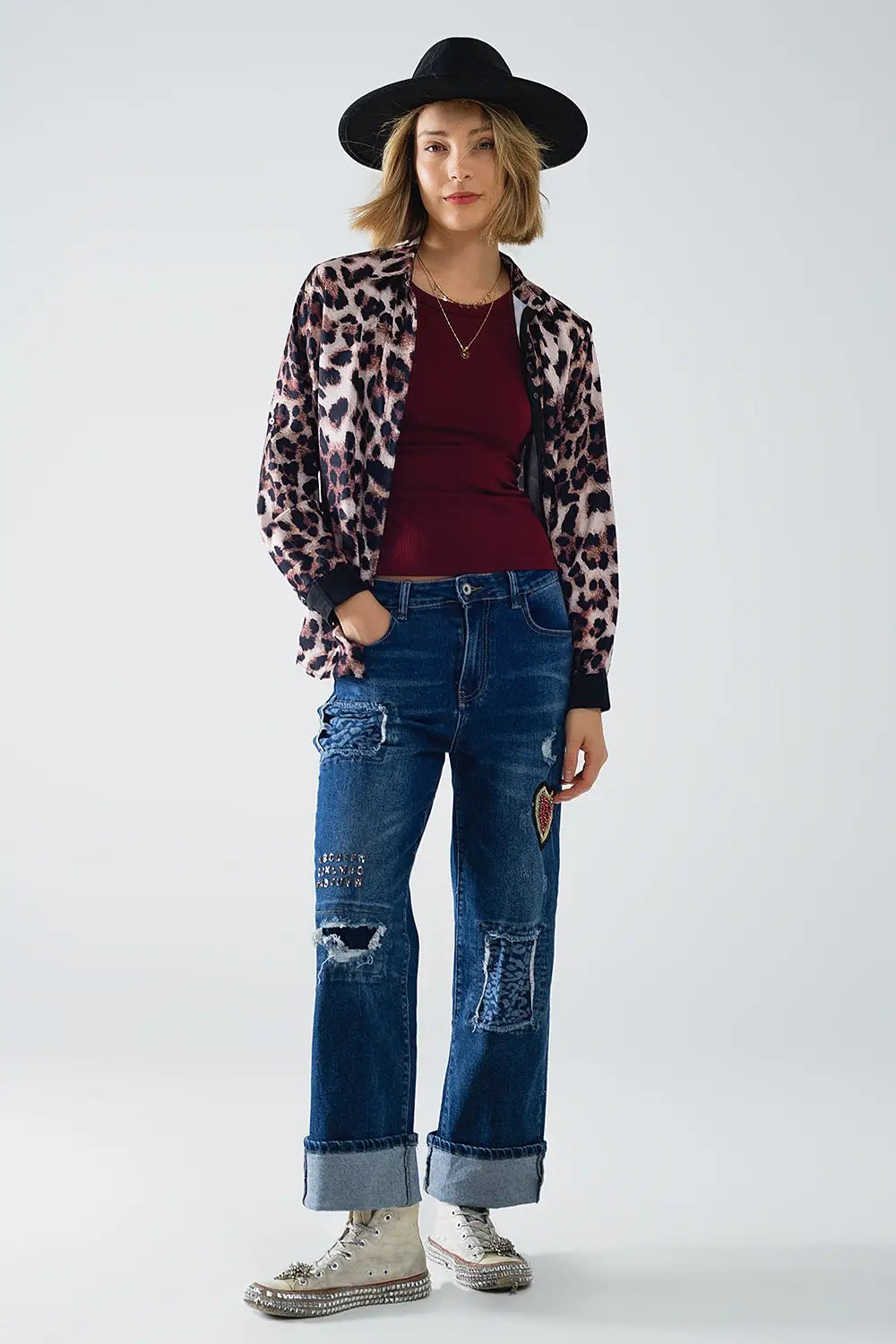 leopard shirt with black satin detail - Shirts